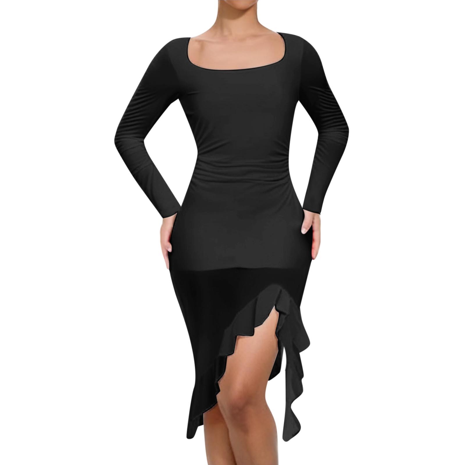 thumbnail image 2 of Vestido liso de cuello en U y manga larga con bajo irregular para mujer - Vestido informal ajustado de malla, poliéster y spandex, para todas las estaciones, 2 of 6